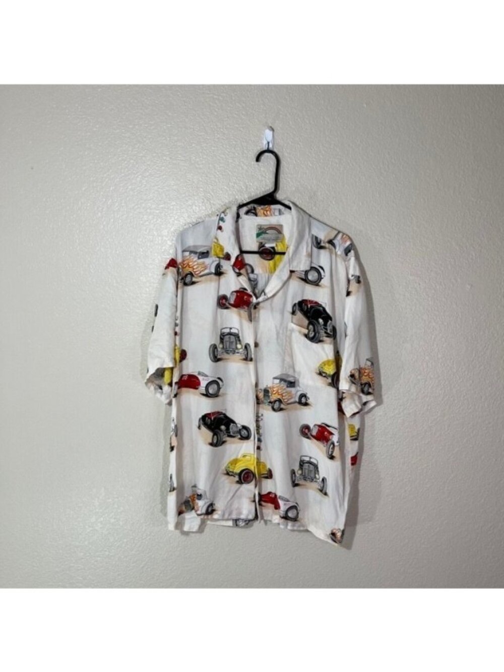 Vintage Paradise Found Hawaiian Shirt Mens XL Rayon Model T Old Timey Cars Print